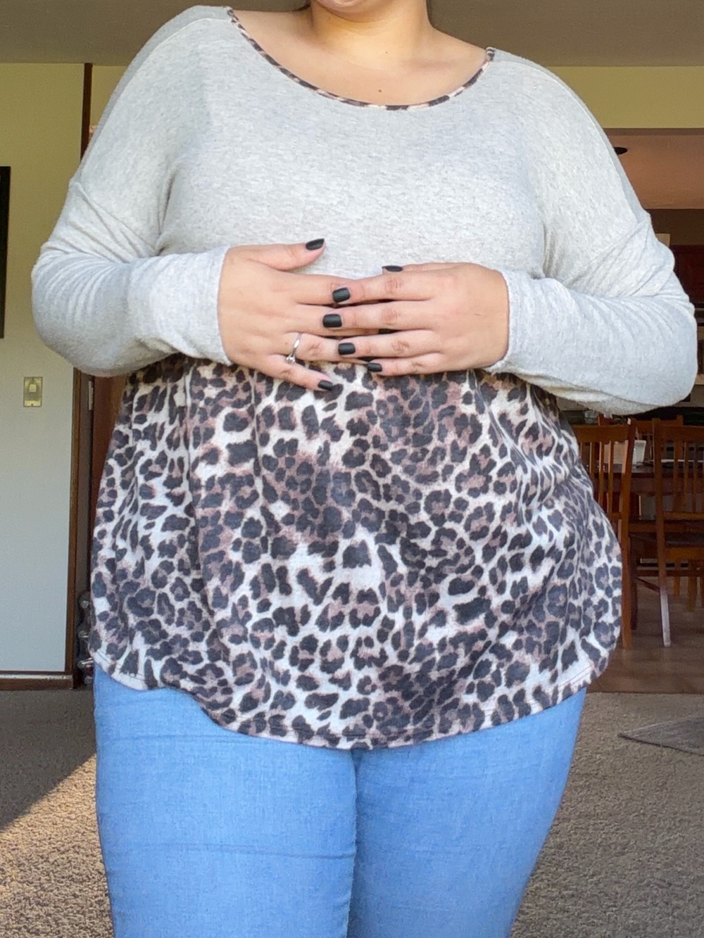 Beige Long-Sleeve Leopard Print Pullover Top